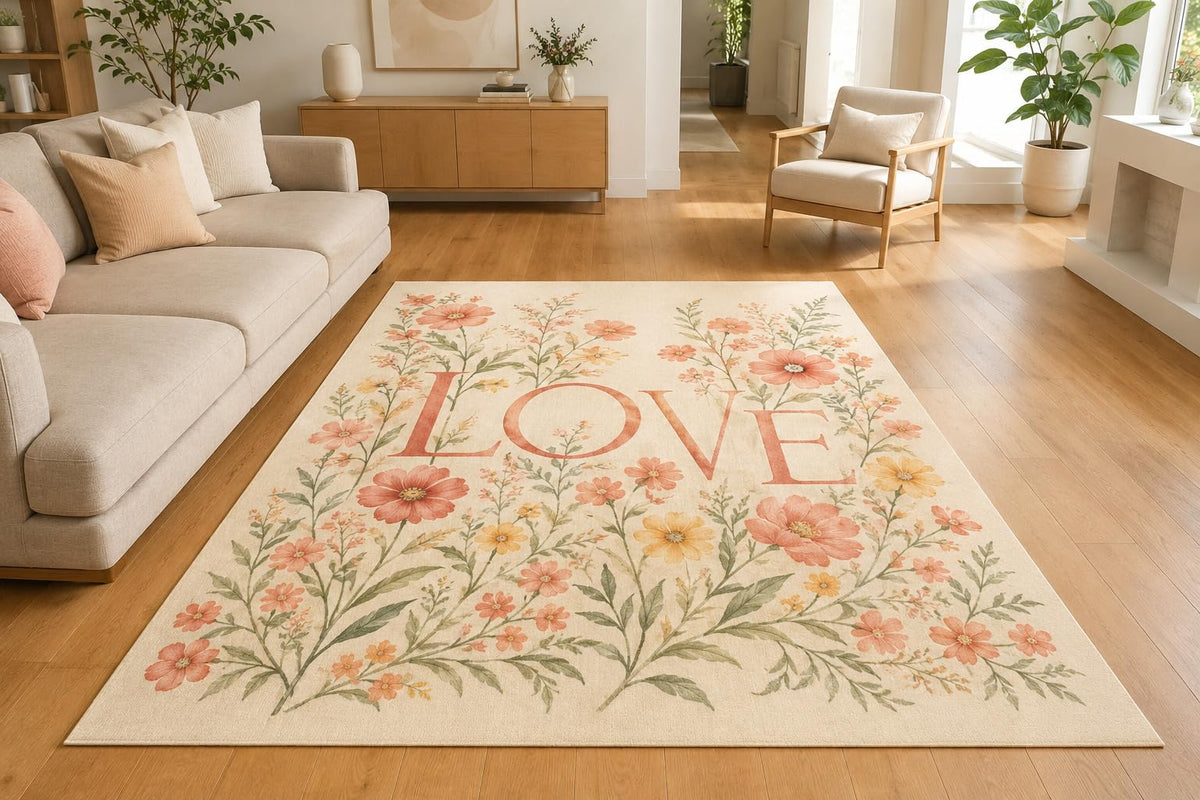 ICE ARMOR 5' x 7' Floral Love Typography Area Rug, Soft Low Pile Indoor Rug with Non-Slip Silicone Backing for Living Room, Bedroom, Office, Family Room, Cream Pink Green