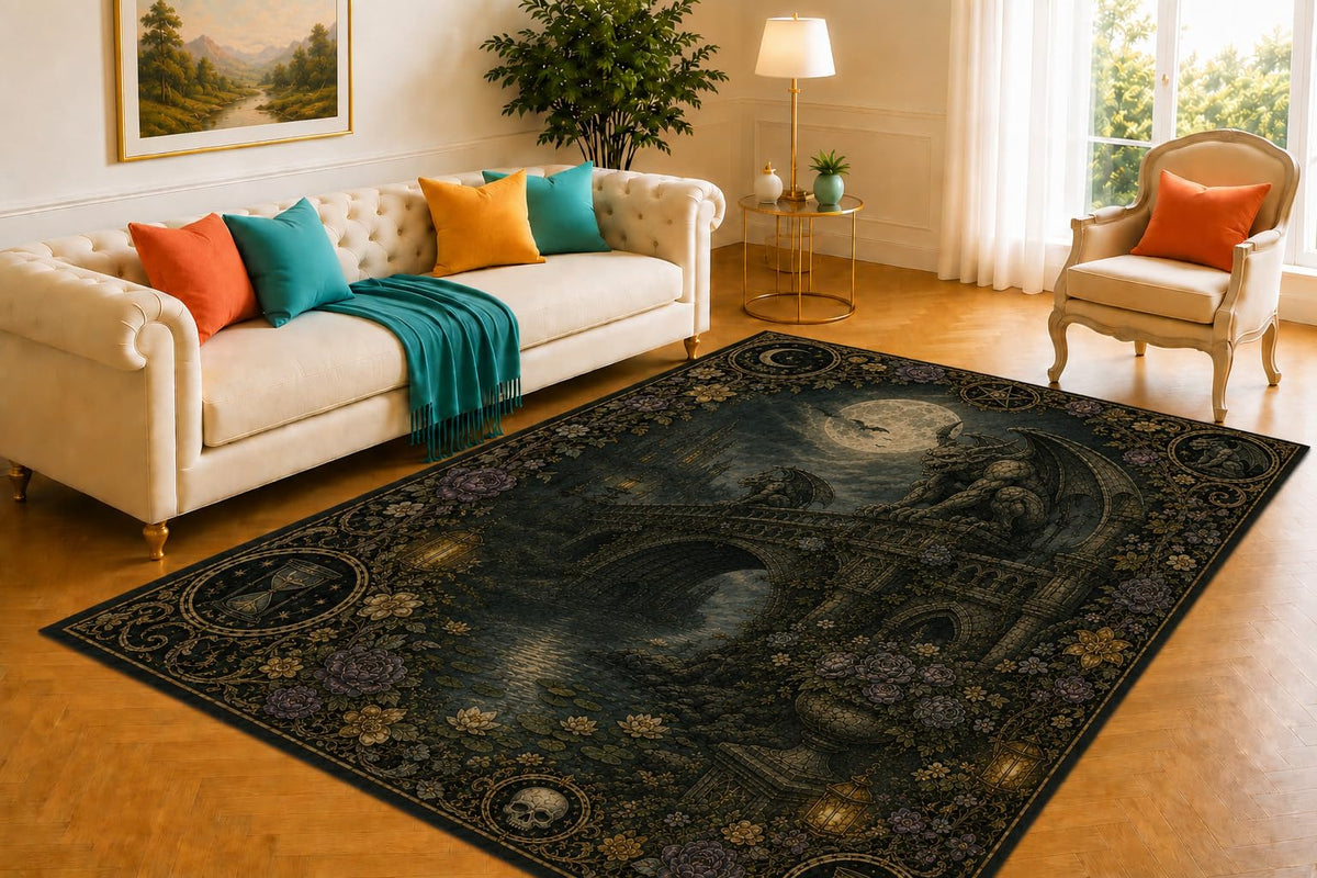 ICE ARMOR 5' x 7' Gargoyle Bridge Rug, Moon Garden and Stone Creature Artwork, Smooth Printed Floor Cover for Foyer, Bedroom, Study and Gothic Interior Decor