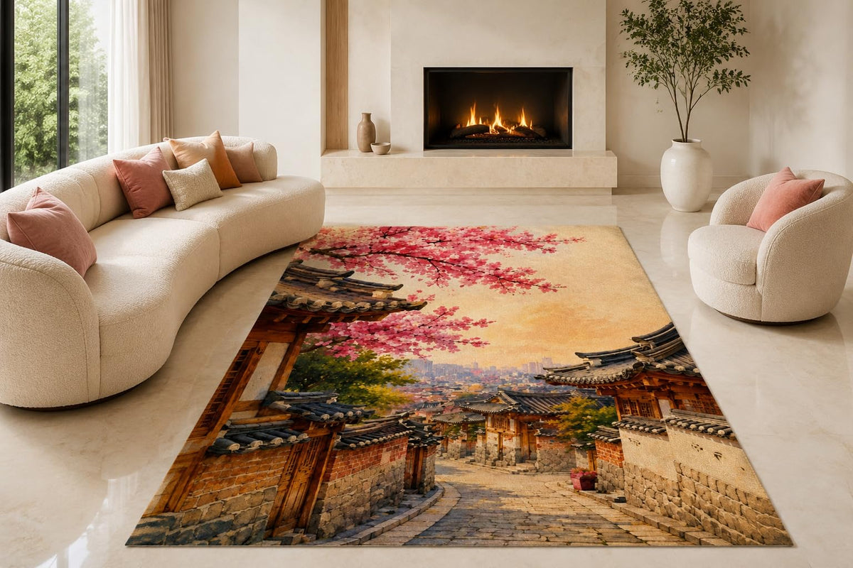 ICE ARMOR "Ultra Lightweight Large 6'7" x 9'10" Cherry Blossom Temple Area Rug for Living Room, Bedroom and Home Office, Soft Low Pile Carpet with Non-Slip Silicone Backing, Pink and Brown