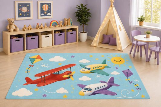 ICE ARMOR 5' x 7' Airplane Adventure Area Rug for Kids Playroom Nursery Bedroom, Vintage Biplane Airplane Kite Cartoon Travel Carpet, Non-Slip Silicone Backing Low Pile