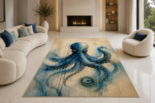 ICE ARMOR "Ultra Lightweight Large 6'7" x 9'10" Ocean Octopus Art Area Rug for Living Room, Bedroom and Home Office, Soft Low Pile Carpet with Non-Slip Silicone Backing, Blue and Beige