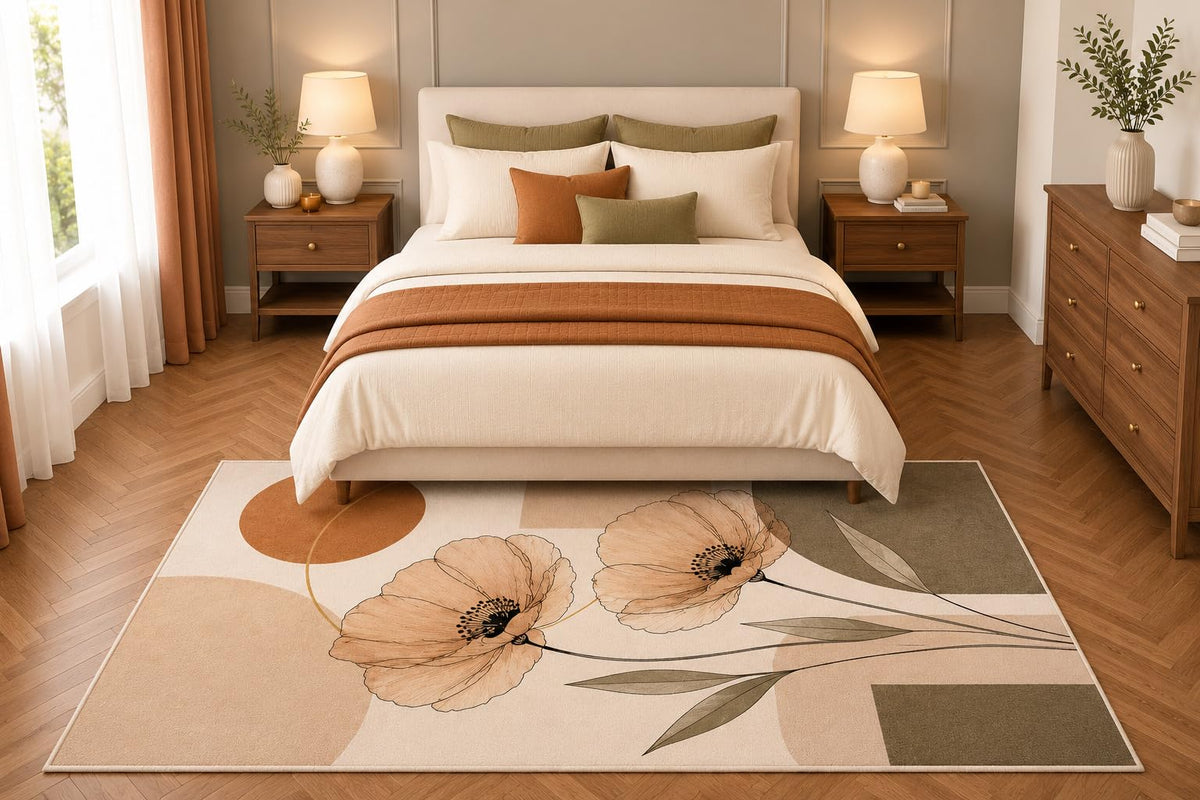ICE ARMOR 5' x 7' Beige Floral Poppy Area Rug, Modern Botanical Abstract Living Room Bedroom Decor, Non-Slip Silicone Backing Low Pile Carpet