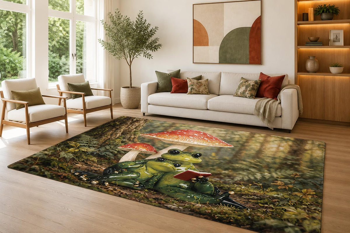 ICE ARMOR Large 6'7" x 9'10" Green and Red Storybook Frogs Area Rug for Living Room, Soft Low Pile Carpet with Non-Slip Silicone Backing, Decor for Bedroom and Home Office