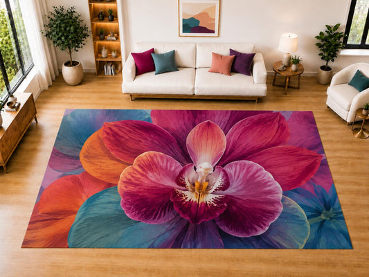 ICE ARMOR "Ultra Light Weight Large 6'7" x 9'10" Orchid Bloom Area Rug for Living Room Bedroom Dining Room, Soft Low Pile Non-Slip Backing, Pink Purple Orange Teal Floral Decor