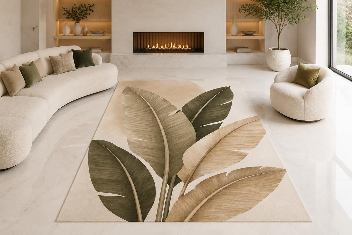 ICE ARMOR "Ultra Lightweight Large 6'7" x 9'10" Tropical Leaf Trio Area Rug for Living Room, Bedroom and Home Office, Soft Low Pile Carpet with Non-Slip Silicone Backing, Olive and Beige