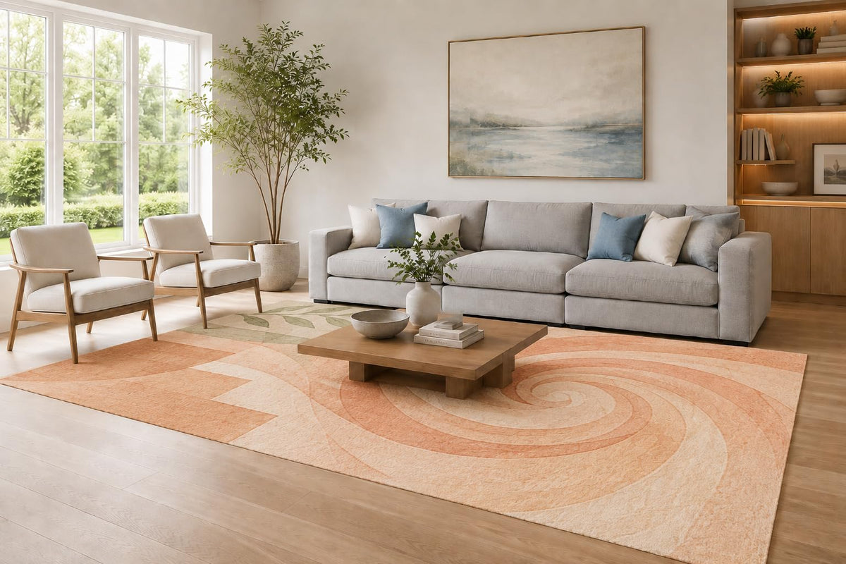 ICE ARMOR Large 6'7" x 9'10" Peach and Ivory Coastal Helix Area Rug for Living Room, Soft Low Pile Carpet with Non-Slip Silicone Backing, Decor for Bedroom, Dining Area and Home Office