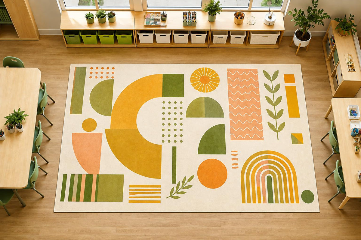 ICE ARMOR Large 6'7" x 9'10" Boho Geometric Shapes Area Rug, Soft Low Pile Indoor Rug with Non-Slip Silicone Backing for Living Room Kids Room, Beige