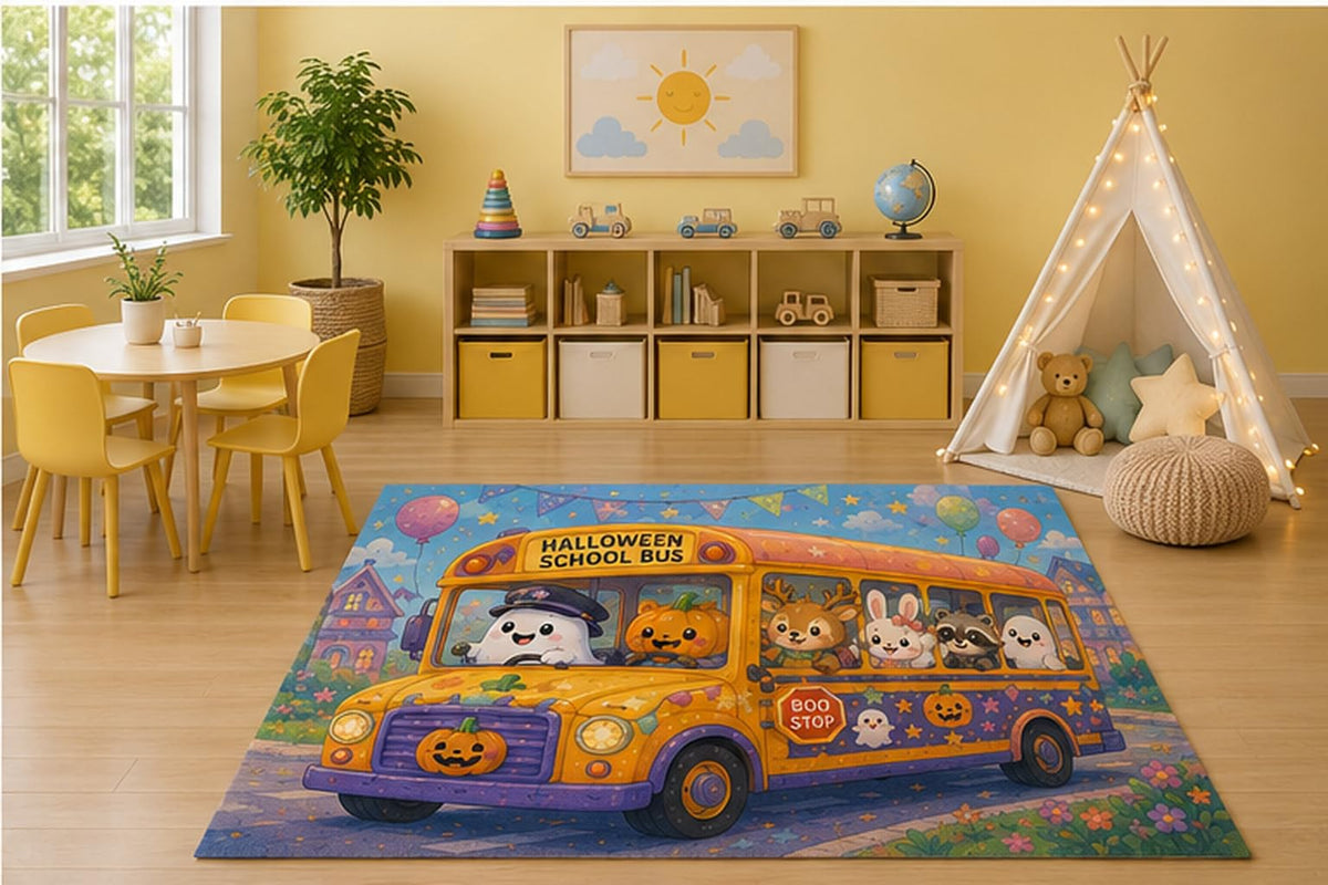 ICE ARMOR 5' x 7' Halloween School Bus Kids Area Rug, Cute Ghost Pumpkin Bunny Deer Raccoon Cartoon Playroom Nursery Bedroom Decor, Non-Slip Silicone Backing Low Pile