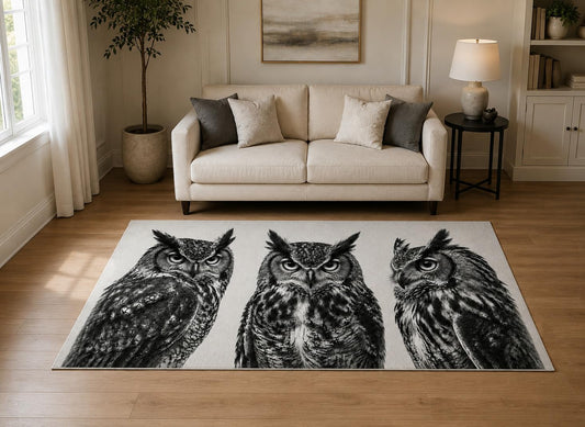 ICE ARMOR "Ultra Light Weight 5' x 7' Owl Sketch Trio Area Rug for Living Room, Bedroom and Home Office, Soft Low Pile Carpet with Non-Slip Silicone Backing, Black and White
