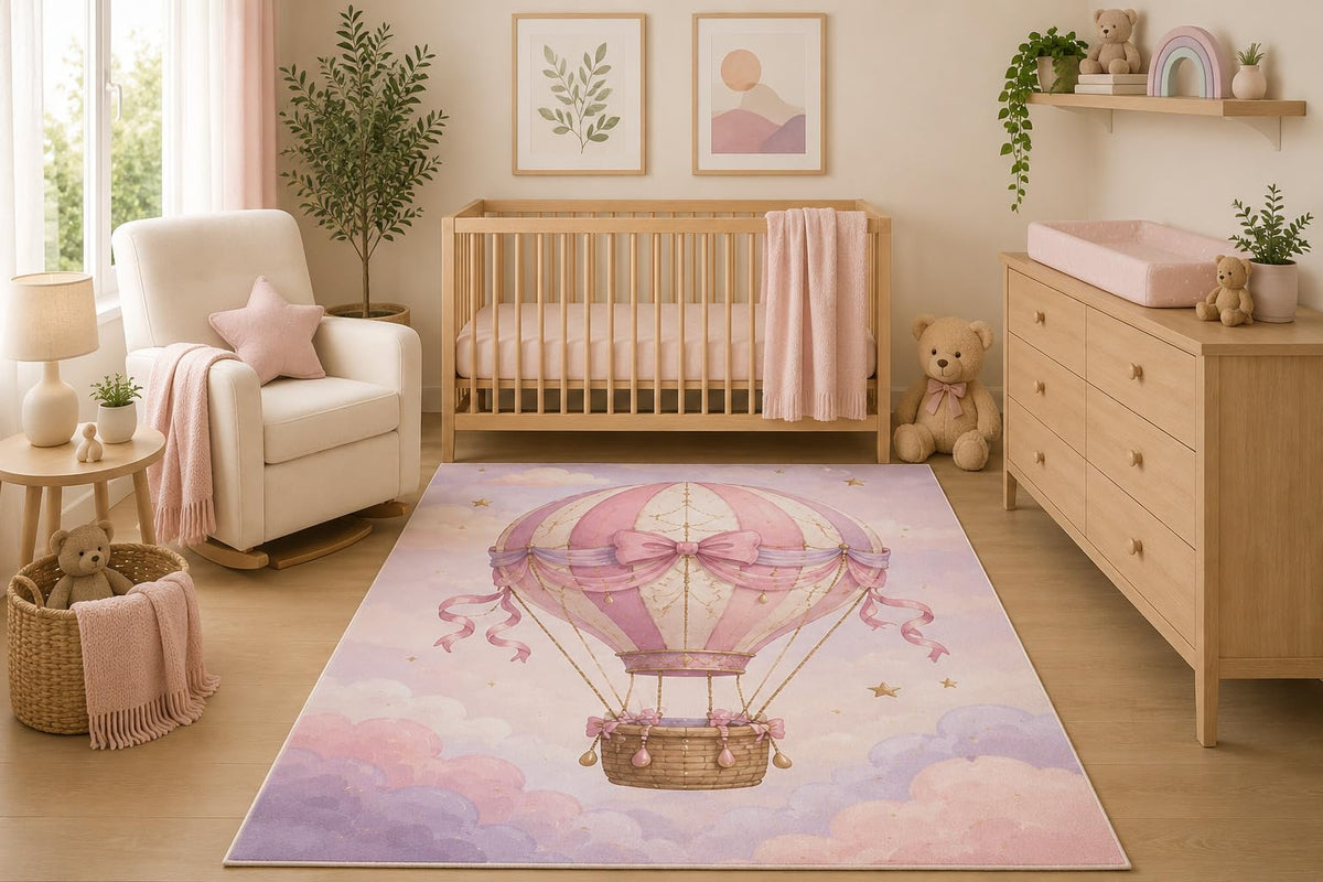 ICE ARMOR 5' x 7' Pink Hot Air Balloon Area Rug, Pastel Rainbow Sky Nursery Baby Girl Bedroom Playroom Decor, Non-Slip Silicone Backing Low Pile Indoor Carpet