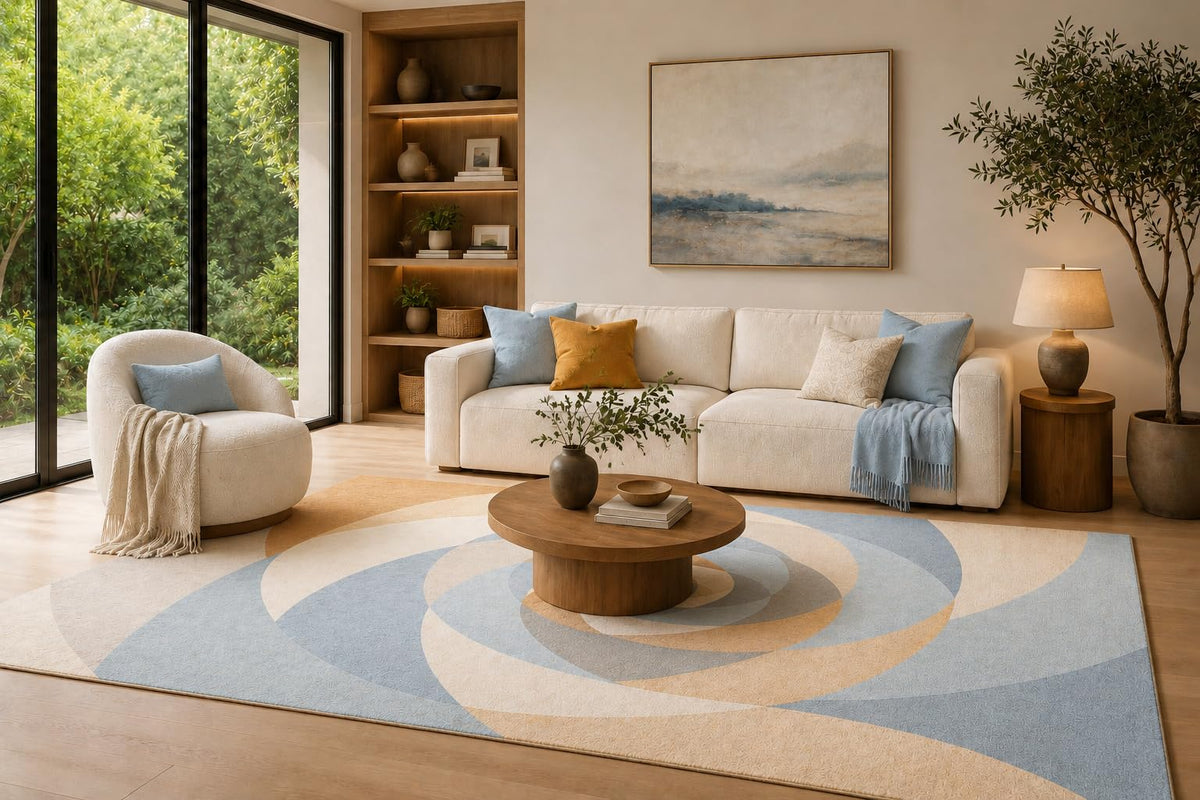 ICE ARMOR 6'7" x 9'10" Light Blue Abstract Layered Circles Area Rug for Living Room, Soft Low Pile Carpet with Non-Slip Silicone Backing, Floor Decor for Bedroom, Dining Room and Home Office