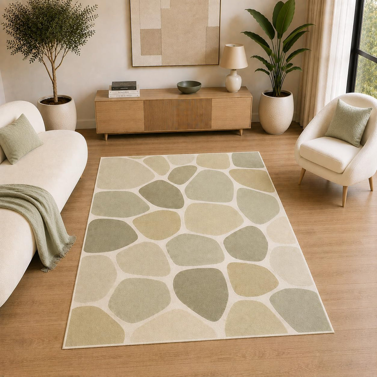 ICE ARMOR 5' x 7' Pebble Stone Pattern Area Rug for Living Room, Soft Low Pile Indoor Rug with Non-Slip Silicone Backing, Decorative Carpet for Bedroom, Family Room, Beige