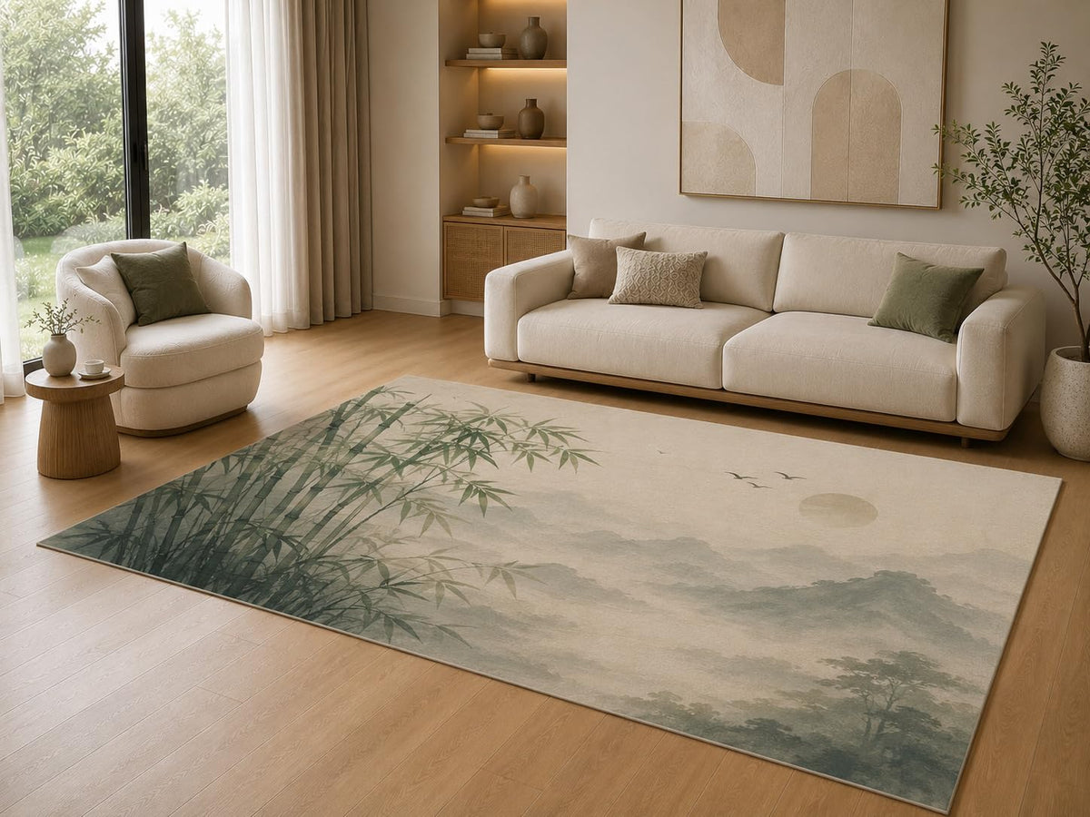 ICE ARMOR 5' x 7' Zen Bamboo Nature Area Rug Soft Low Pile Indoor Rug with Non-Slip Silicone Backing Japanese Botanical Carpet for Living Room Bedroom Dining Room Office Family Room Green Beige