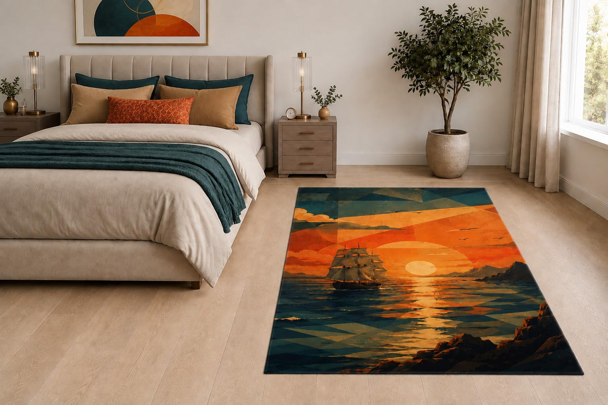 ICE ARMOR "Ultra Light Weight 5' x 7' Sunset Sailboat Area Rug for Living Room, Bedroom and Home Office, Soft Low Pile Carpet with Non-Slip Silicone Backing, Orange and Teal