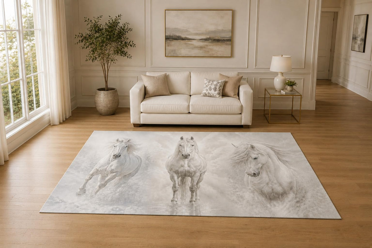 ICE ARMOR "Ultra Light Weight 5' x 7' Running Horse Sketches Area Rug for Living Room, Bedroom and Home Office, Soft Low Pile Carpet with Non-Slip Silicone Backing, White and Gray