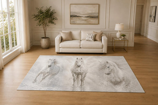 ICE ARMOR "Ultra Light Weight 5' x 7' Running Horse Sketches Area Rug for Living Room, Bedroom and Home Office, Soft Low Pile Carpet with Non-Slip Silicone Backing, White and Gray