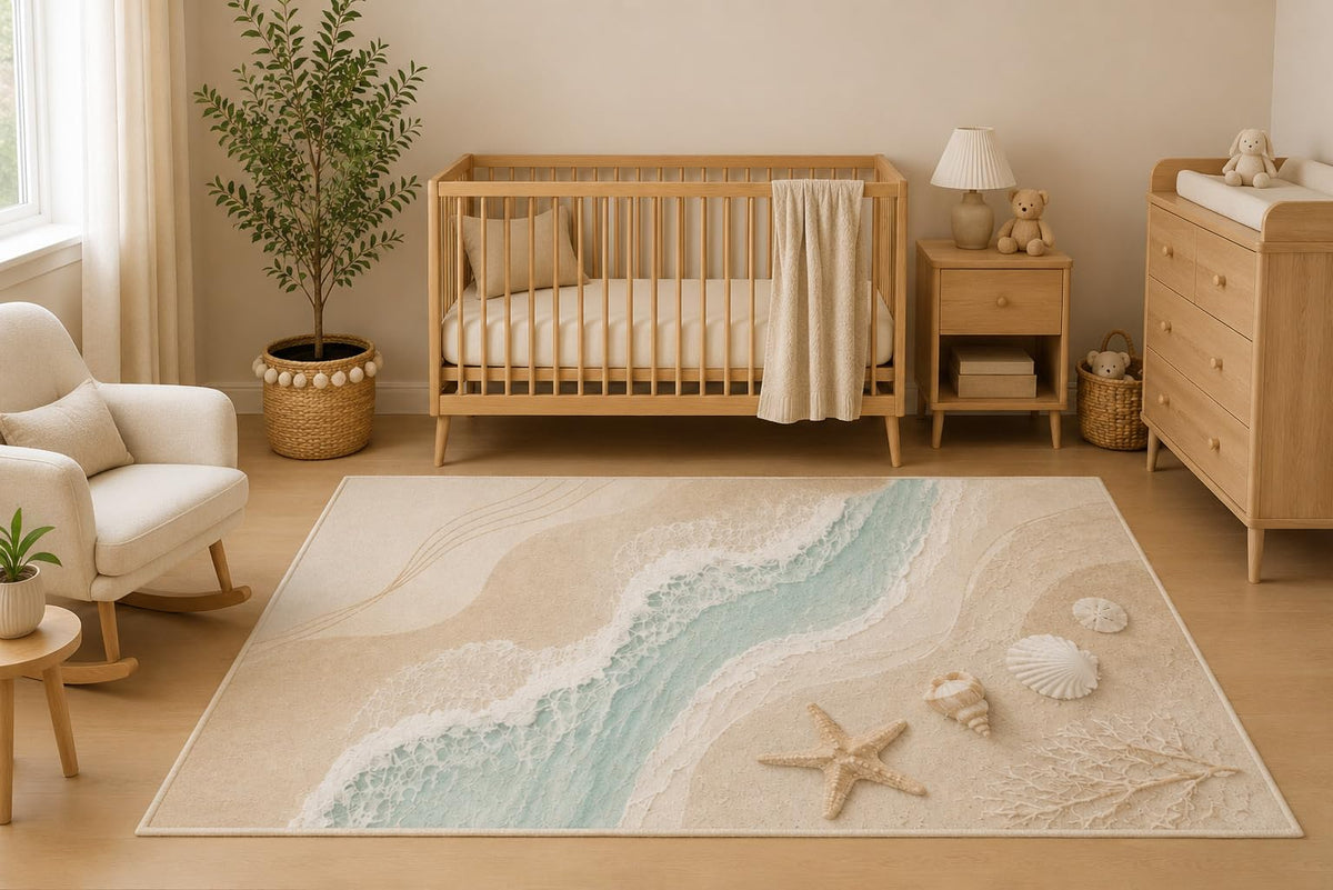 ICE ARMOR 5' x 7' Coastal Beach Area Rug, Ocean Waves Seashell Starfish Sand Dollar Nautical Living Room Bedroom Decor, Non-Slip Silicone Backing Low Pile Carpet