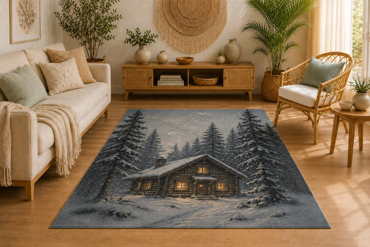 ICE ARMOR 5' x 7' Snowy Winter Cabin Area Rug for Living Room, Soft Low Pile Indoor Rug with Non-Slip Silicone Backing, Carpet for Bedroom, Office, Gray