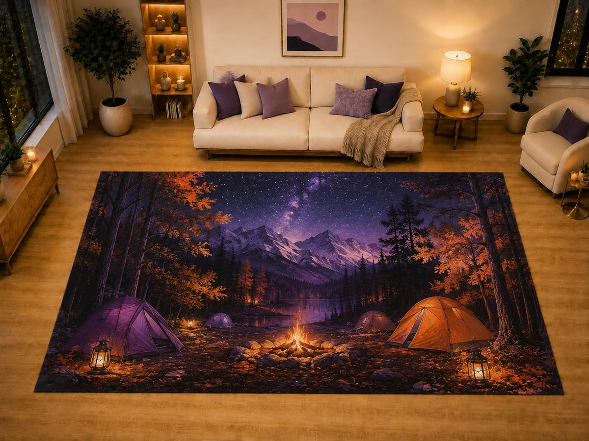 ICE ARMOR "Ultra Light Weight Large 6'7" x 9'10" Autumn Camping Area Rug for Living Room Bedroom Dining Area, Soft Low Pile Non-Slip Backing, Purple Orange Black Campfire Mountain Decor