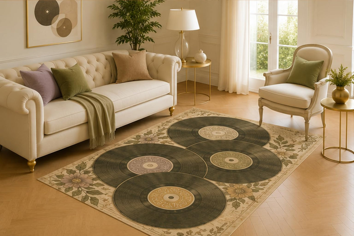 ICE ARMOR 5' x 7' Retro Vinyl Record Floral Area Rug for Living Room, Soft Low Pile Carpet with Non-Slip Silicone Backing for Bedroom, Dining Room, Office, Kids and Pets
