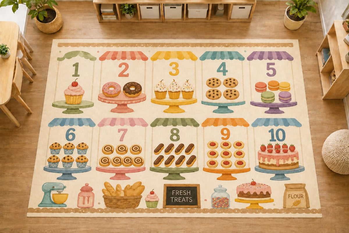 ICE ARMOR Large 6'7" x 9'10" Bakery Counting Kids Area Rug, Soft Low Pile Indoor Rug with Non-Slip Silicone Backing for Nursery, Kids Room, Ivory