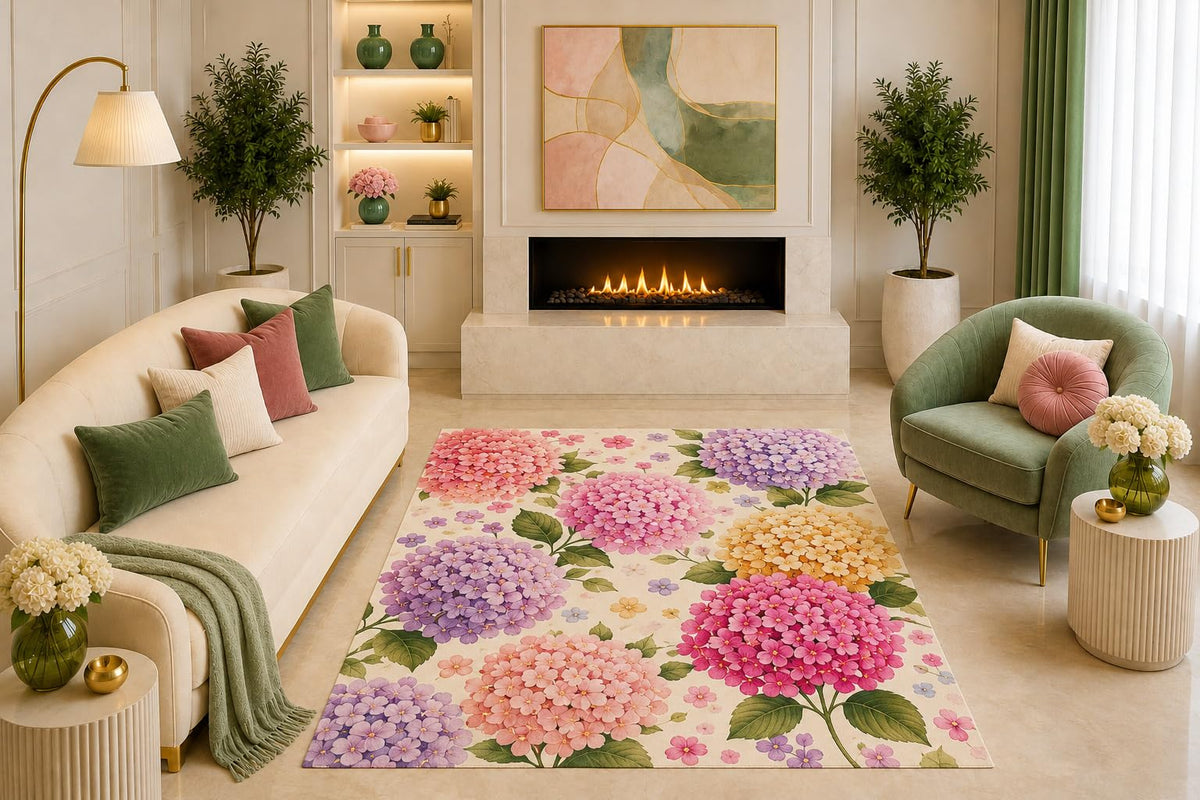 ICE ARMOR "Ultra Light Weight 5' x 7' Hydrangea Floral Area Rug Botanical Garden Art Pink Purple Yellow for Living Room Bedroom Dining Room Non-Slip Silicone Backing Low Pile