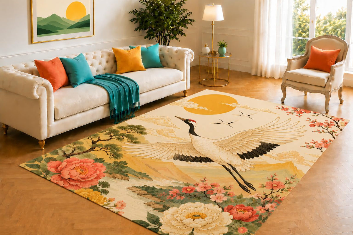 ICE ARMOR 5' x 7' Flying Crane Area Rug for Living Room, Soft Low Pile Indoor Rug with Non-Slip Silicone Backing, Decorative Rug for Bedroom, Dining Room, Office & Family Room, Beige