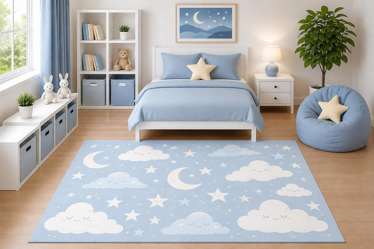 ICE ARMOR 5' x 7' Sleeping Moon and Clouds Area Rug Cute Celestial Night Sky Kids Bedroom Nursery Playroom Decor for Boys and Girls Non-Slip Silicone Backing Low Pile
