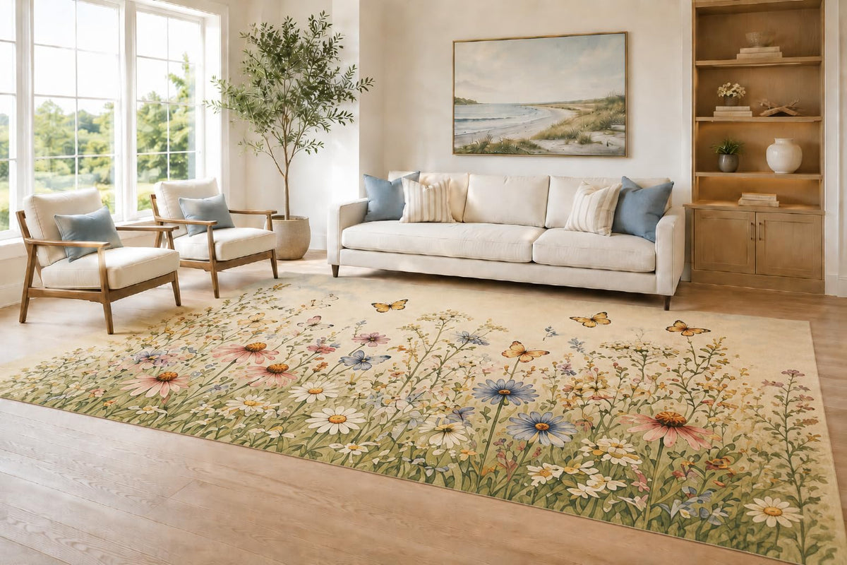 ICE ARMOR Large 6'7" x 9'10" Cream and Sage Butterfly Meadow Area Rug for Living Room, Soft Low Pile Carpet with Non-Slip Silicone Backing, Decor for Bedroom and Home Office
