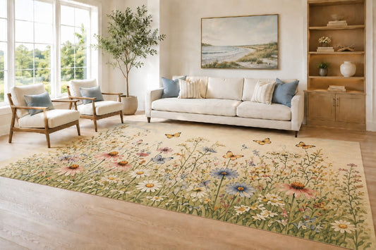 ICE ARMOR Large 6'7" x 9'10" Cream and Sage Butterfly Meadow Area Rug for Living Room, Soft Low Pile Carpet with Non-Slip Silicone Backing, Decor for Bedroom and Home Office