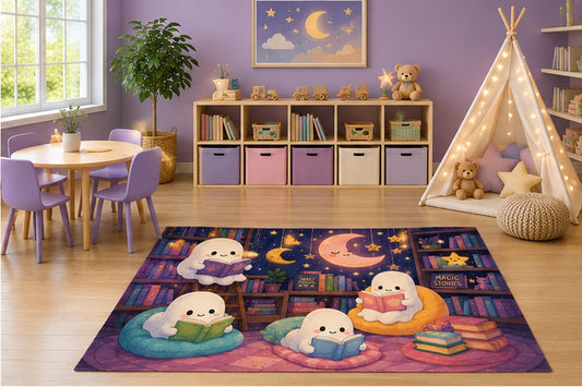 ICE ARMOR 5' x 7' Ghost Library Reading Kids Area Rug, Cute Kawaii Ghost Books Moon Stars Storytime Playroom Nursery Bedroom Decor, Non-Slip Silicone Backing Low Pile