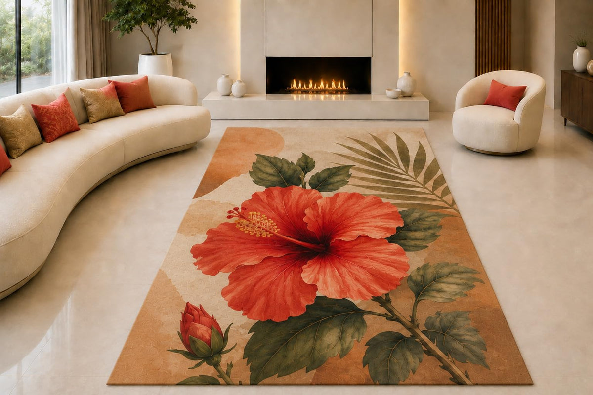 ICE ARMOR "Ultra Lightweight Large 6'7" x 9'10" Hibiscus Botanical Area Rug for Living Room, Bedroom and Home Office, Soft Low Pile Carpet with Non-Slip Silicone Backing, Red and Green