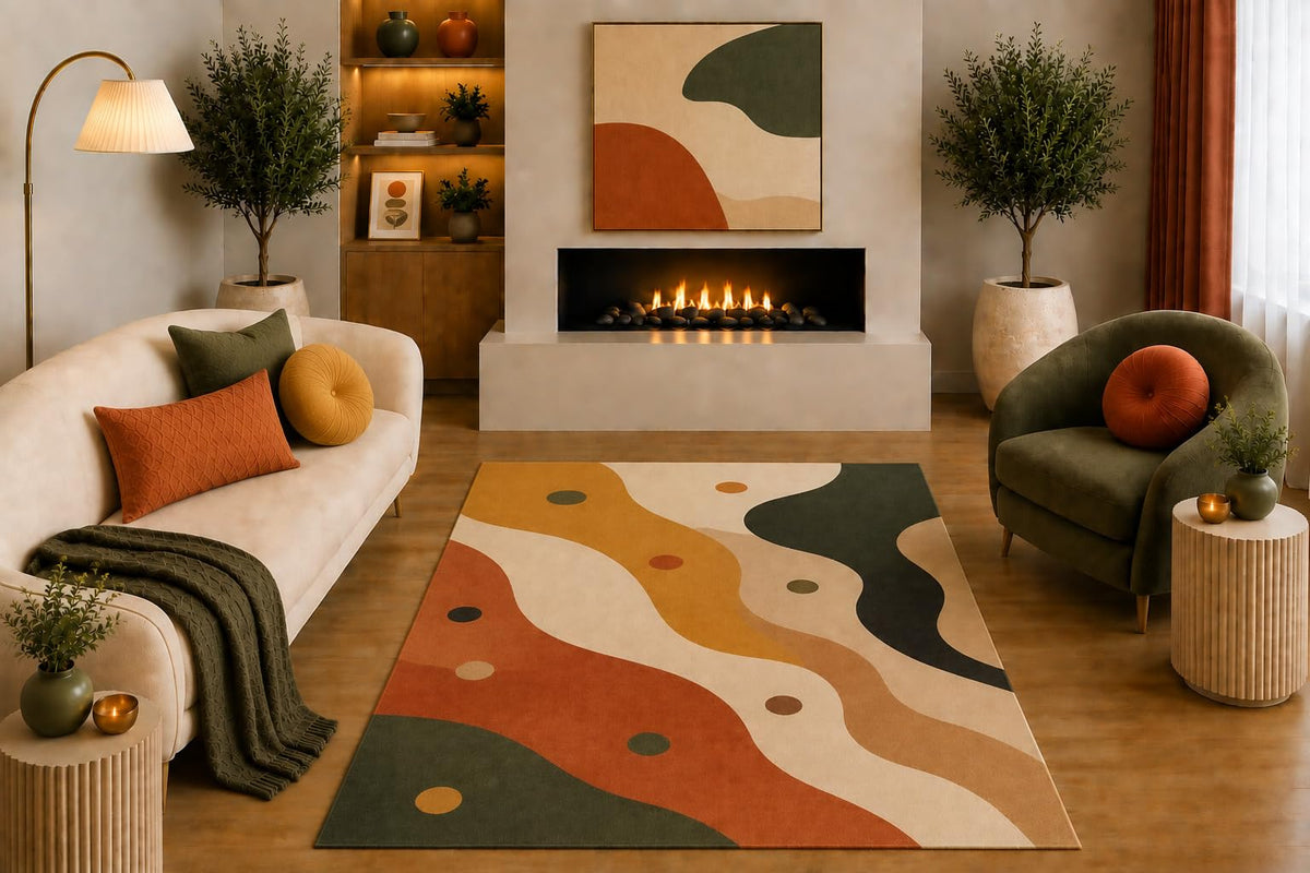 ICE ARMOR "Ultra Light Weight 5' x 7' Modern Abstract Area Rug Mustard Terracotta Olive Beige Wavy Organic Geometric Design for Living Room Bedroom Office Non-Slip Silicone Backing Low Pile