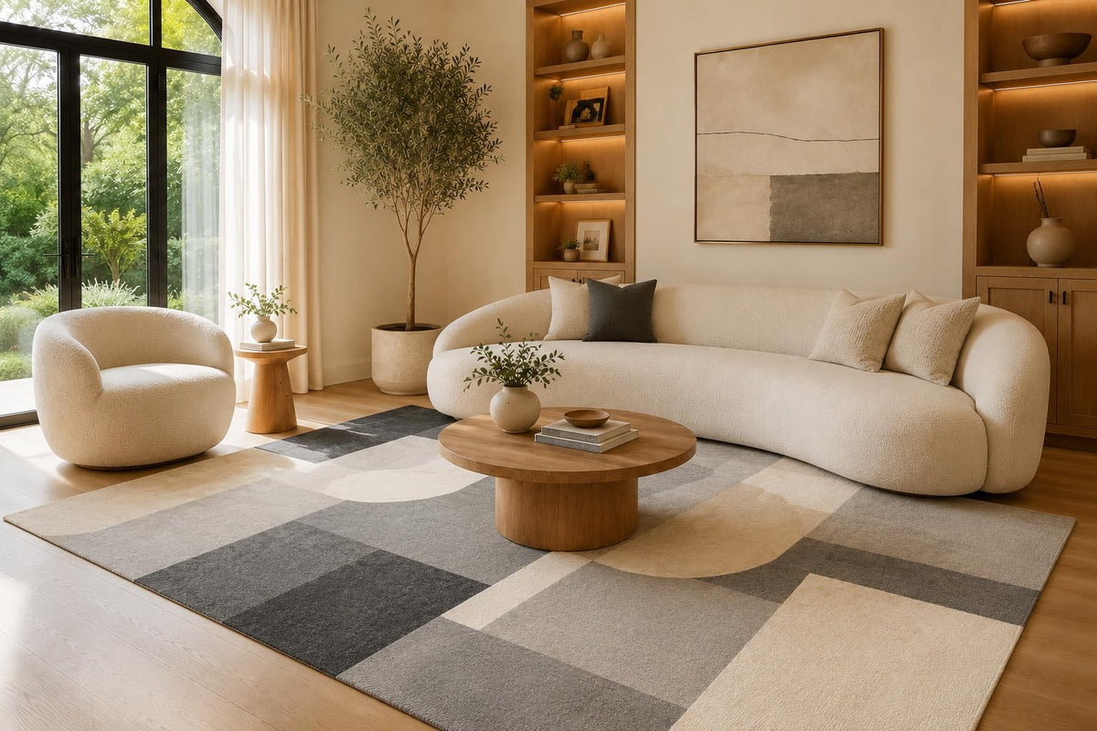 ICE ARMOR 6'7" x 9'10" Gray and Beige Modern Block Shapes Area Rug for Living Room, Soft Low Pile Carpet with Non-Slip Silicone Backing, Floor Decor for Bedroom, Dining Area and Home Office