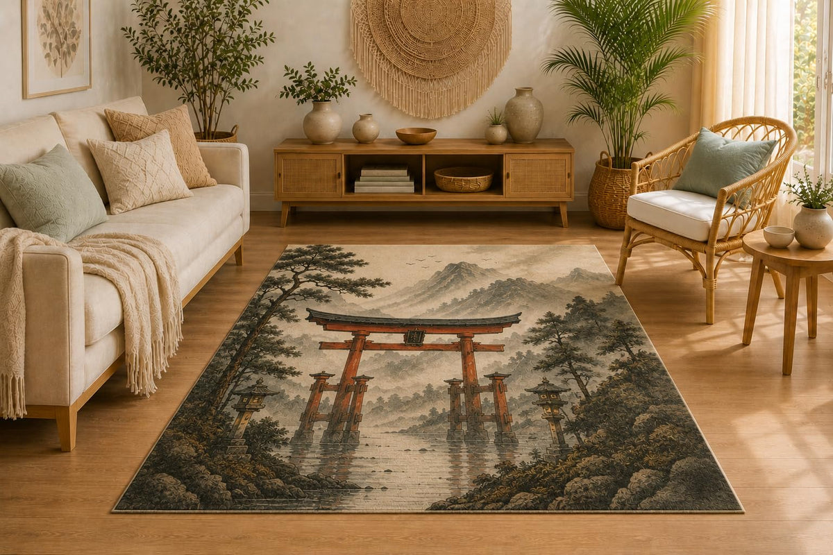 ICE ARMOR 5' x 7' Japanese Torii Gate Area Rug, Soft Low Pile Indoor Rug with Non-Slip Silicone Backing, Decorative Carpet for Living Room, Bedroom, Dining Room, Office, Traditional Decor