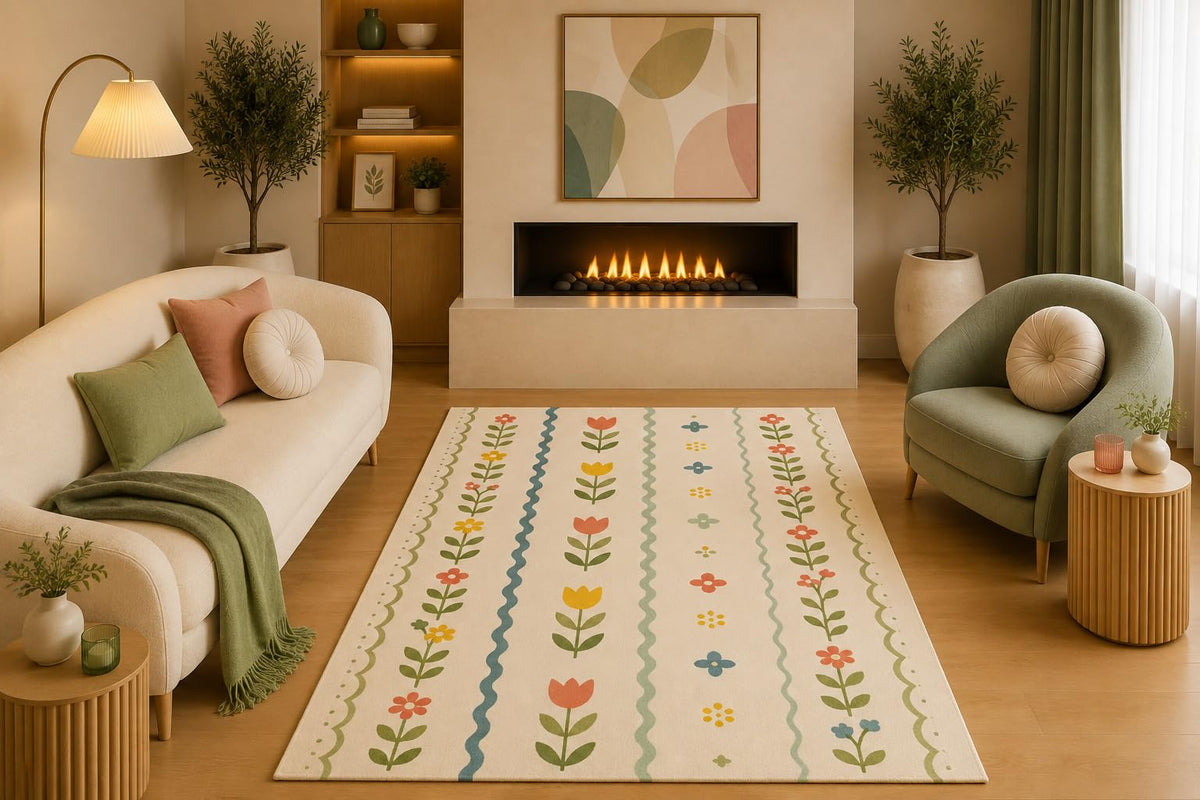 ICE ARMOR 5' x 7' Scandinavian Floral Area Rug Colorful Tulip Stripe Pattern Cream for Living Room Bedroom Dining Room Nursery Non-Slip Silicone Backing Low Pile