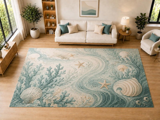 ICE ARMOR "Ultra Light Weight Large 6'7" x 9'10" Seashell Ocean Swirl, Living Room, Bedroom, Dining Room, Office, Family Room, Soft Low Pile Indoor Rug, Non-Slip Silicone Backing, Aqua