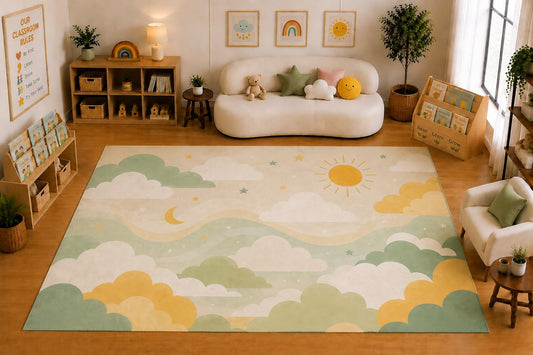 ICE ARMOR Large 6'7" x 9'10" Clouds Sun and Moon Area Rug for for Kids Room, Classroom, Bedroom, Playroom Decor, Soft Low Pile Indoor Rug with Non-Slip Silicone Backing, Cream Green Yellow