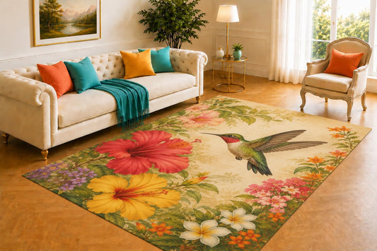 ICE ARMOR 5' x 7' Hummingbird Rug, Colorful Bird Flying Beside Hibiscus and Garden Flowers, Soft Floor Cover for Living Room, Bedroom, Nursery and Nature Decor