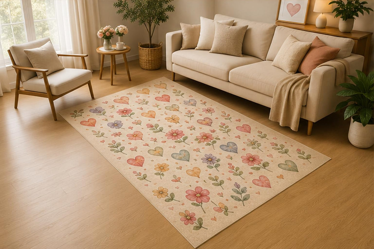 ICE ARMOR 5' x 7' Pastel Heart and Wildflower Pattern Area Rug, Soft Low Pile Indoor Rug with Non-Slip Silicone Backing for Nursery, Kids Room, Playroom, Kids & Pets, Pink Purple Green