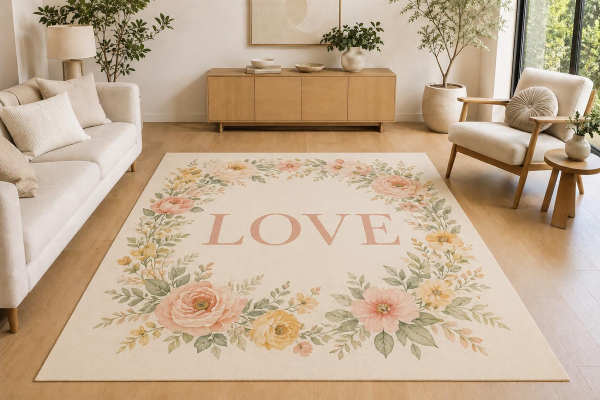ICE ARMOR 5' x 7' Floral Wreath Love Area Rug, Soft Low Pile Indoor Rug with Non-Slip Silicone Backing for Living Room, Bedroom, Office, Family Room, Cream Blush Pink Yellow