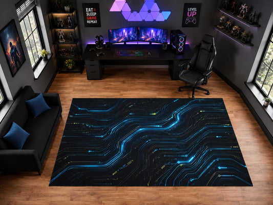 ICE ARMOR "Ultra Light Weight Large 6'7" x 9'10" Electric Blue Circuit Path Area Rug for Playroom Decor, Soft Low Pile Indoor Rug with Non-Slip Silicone Backing, Black Blue