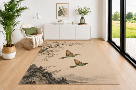 ICE ARMOR 5' x 7' Twin Bee-Eaters Area Rug for Living Room, Soft Low Pile Indoor Rug with Non-Slip Backing, Nature Carpet for Bedroom, Dining Room, Office, Beige Green
