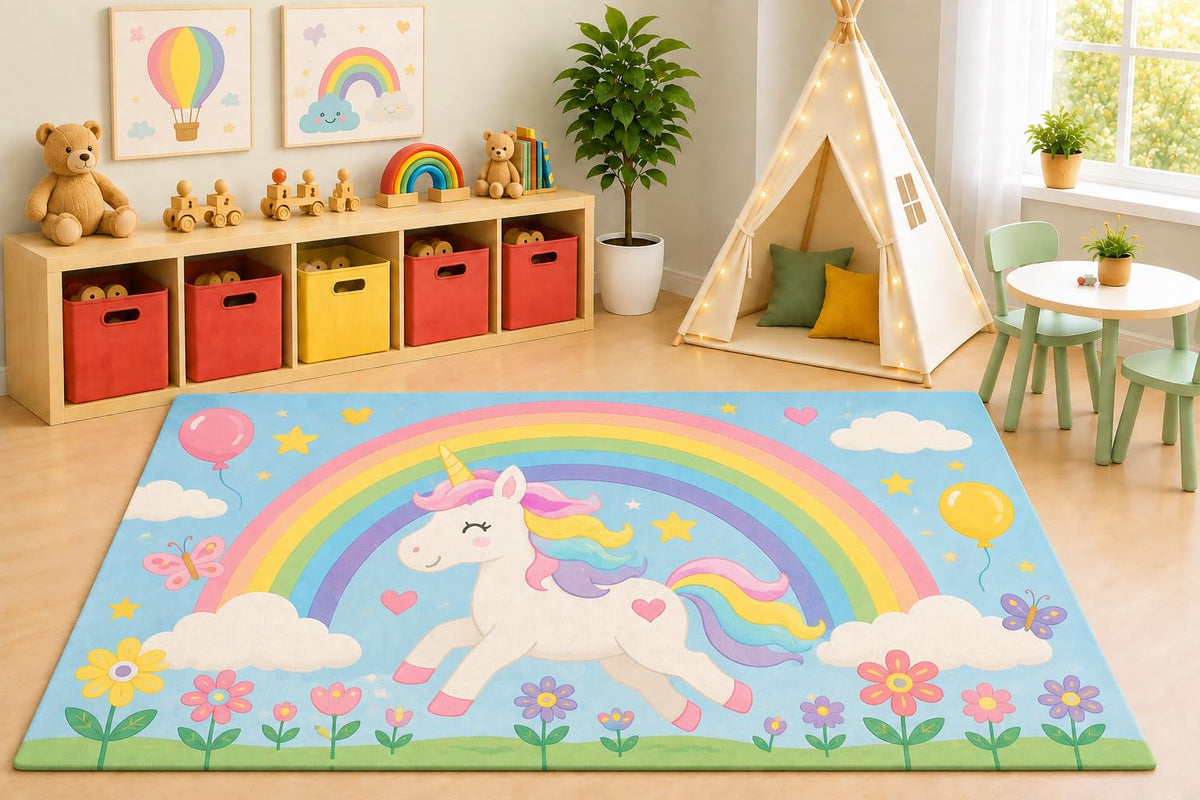 ICE ARMOR 5' x 7' Unicorn Rainbow Area Rug, Cute Kawaii Floral Fantasy Play Mat for Girls Bedroom Nursery Playroom Decor, Non-Slip Silicone Backing Low Pile