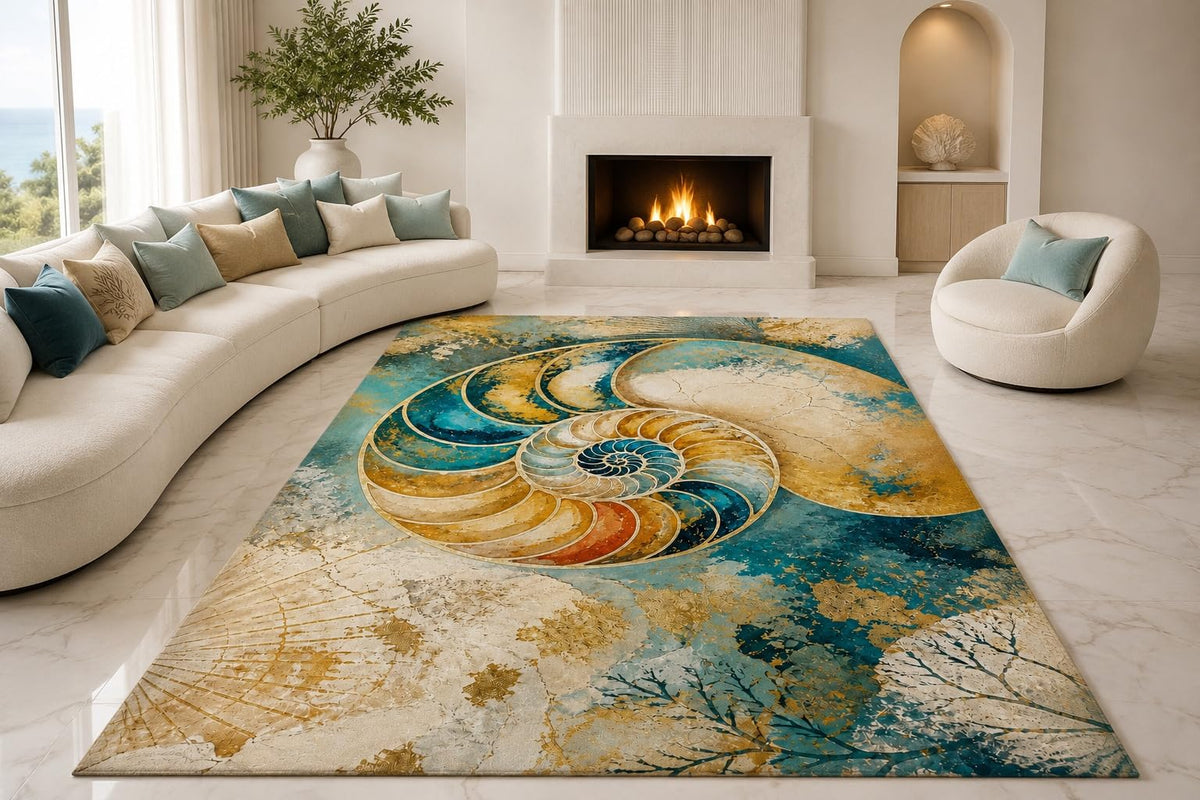 ICE ARMOR "Ultra Lightweight Large 6'7" x 9'10" Nautilus Ocean Swirl Area Rug for Living Room, Bedroom and Home Office, Soft Low Pile Carpet with Non-Slip Silicone Backing, Teal and Cream