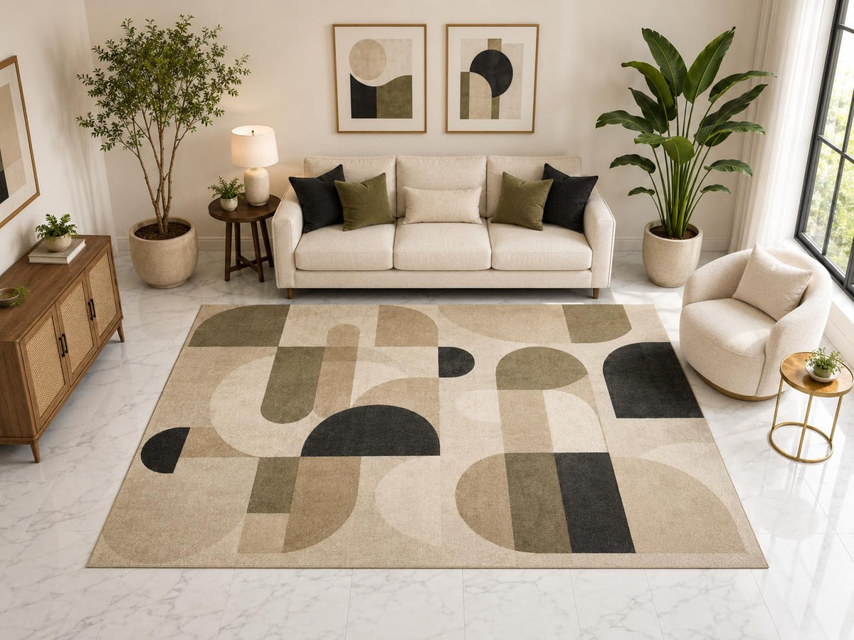 ICE ARMOR Large 6'7" x 9'10" Abstract Geometric Shape Area Rug, Soft Low Pile Indoor Rug with Non-Slip Silicone Backing for Living Room Office, Beige Gray