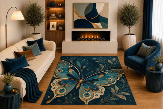 ICE ARMOR "Ultra Light Weight 5' x 7' Blue Butterfly Area Rug Boho Botanical Nature Art in Teal Navy Gold for Living Room Bedroom Dining Room Office Non-Slip Silicone Backing Low Pile
