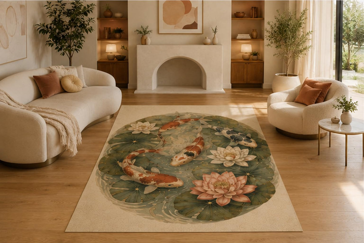ICE ARMOR 5' x 7' Koi Fish Lotus Pond Area Rug, Soft Low Pile Non-Slip Indoor Carpet for Living Room, Bedroom, Meditation Room, Office and Tranquil Asian Inspired Home Decor, Green