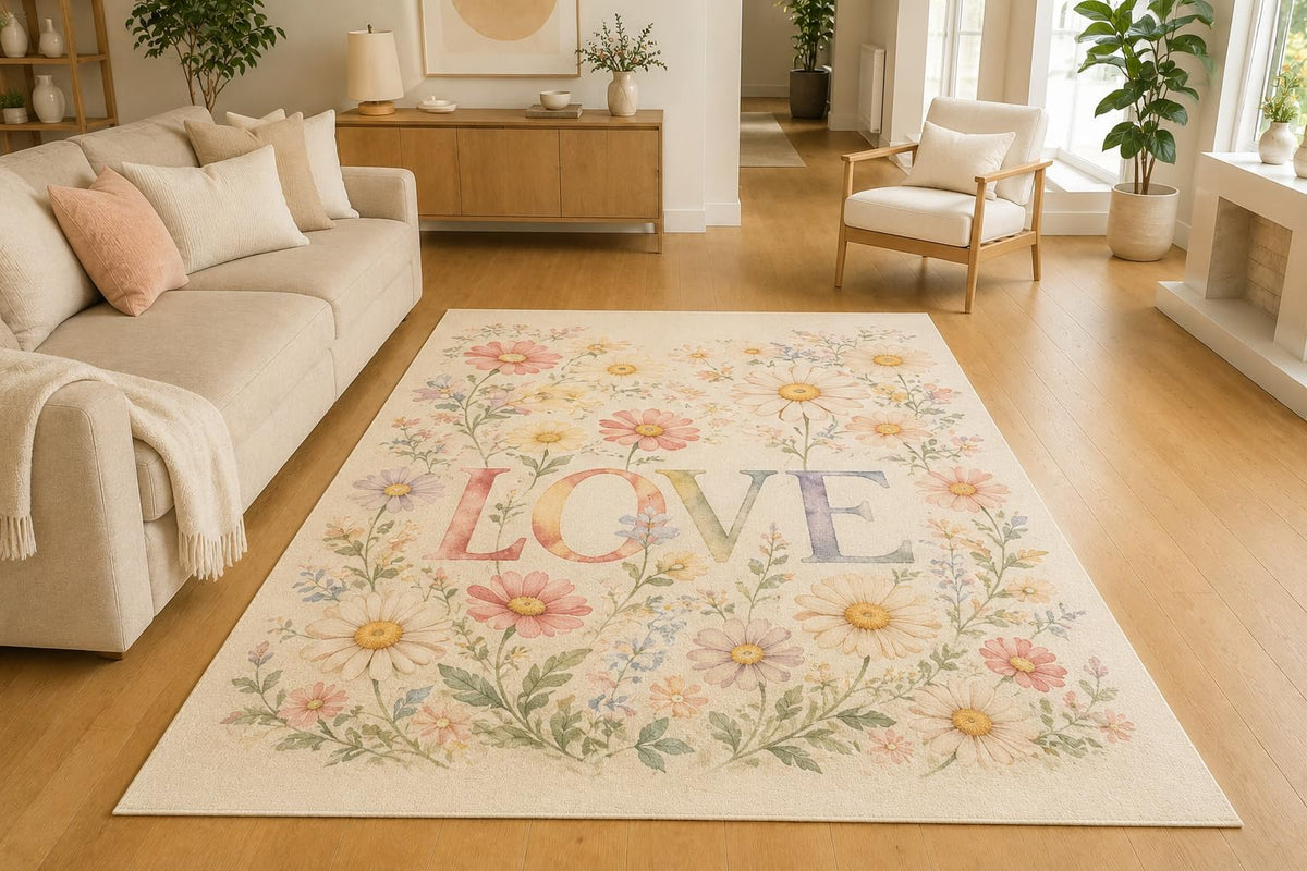 ICE ARMOR 5' x 7' Daisy Love Garden Area Rug, Soft Low Pile Indoor Rug with Non-Slip Silicone Backing for Living Room, Bedroom, Nursery, Family Room, Cream Pink Yellow