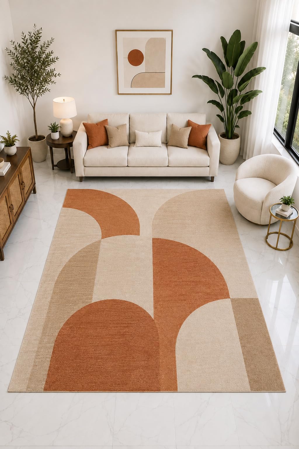 ICE ARMOR "Ultra Light Weight Large 6'7" x 9'10" Abstract Arch Rug, Soft Low Pile Indoor Rug, Non-Slip Silicone Backing Living Room Terracotta